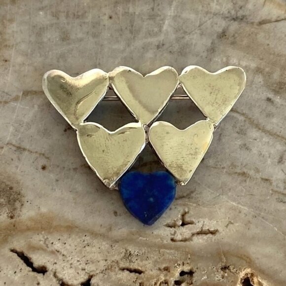 Vintage Sterling Silver 925 1.5" Stacked Hearts Blue Lapis Brooch - Picture 1 of 16